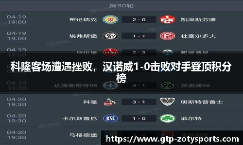 科隆客场遭遇挫败，汉诺威1-0击败对手登顶积分榜